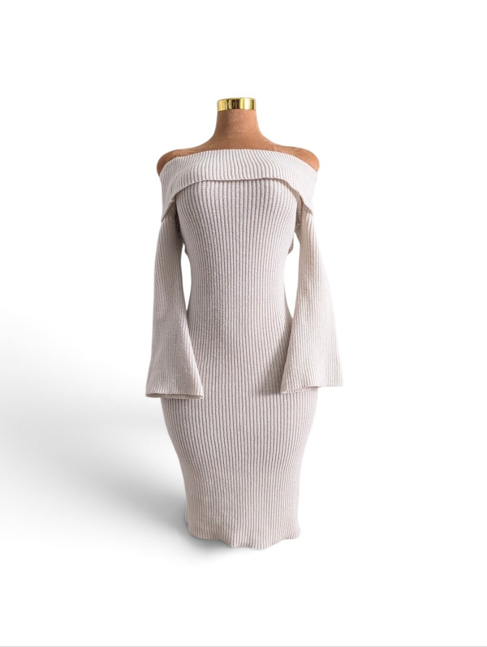 Quiet Luxury Cream Off-Shoulder Foldover Ribbed Knit Dress